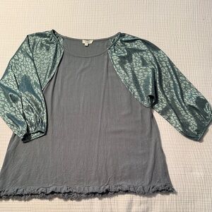 Umgee Teal and Gray Blouse with Patterned Sleeves